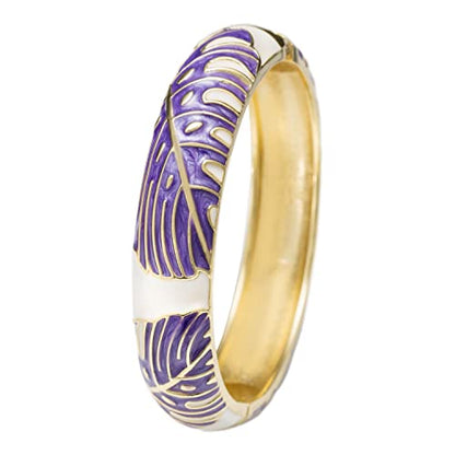 Hawaiian Monstera Luau Leaves Hinged Clasp Fashion Enamel Bangle Bracelet - color: Amethyst Purple