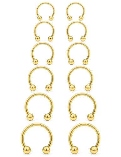 Hoeudjo 16G Septum Rings Stainless Steel Horseshoe Hoop Ring Lip Rings Hoop Smiley Piercing Jewelry for Women Men Diameter 6mm 8mm 10mm 12mm 14mm 16mm - color: goldtone