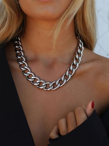 ChainsPro Cuban Link Chain for Women,Stainless Steel Chunky Necklace Silver/Gold Plated Thick Chain Choker, 12/16/20 mm Width,18" and 20" Punk Hip Hop Trendy Non Tarnish Jewelry Gifts - color: Silver, style: 16mm-20"