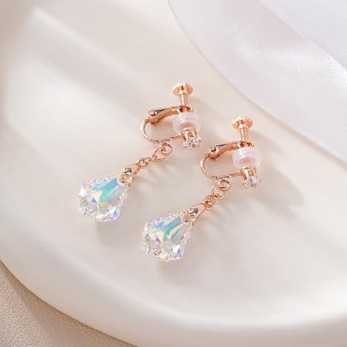 Austrian Crystal Baroque Drop Clip On Dangle Earrings for Women Non Pierced 14K Rose Gold Plated Hypoallergenic Jewelry - color: Aurora Borealis