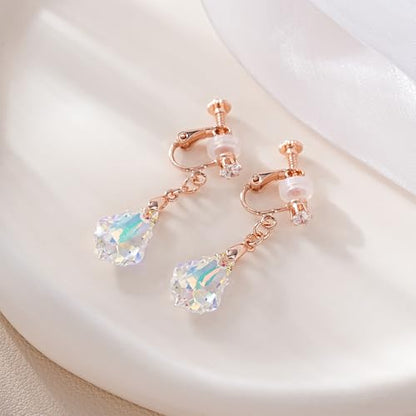 Austrian Crystal Baroque Drop Clip On Dangle Earrings for Women Non Pierced 14K Rose Gold Plated Hypoallergenic Jewelry - color: Aurora Borealis