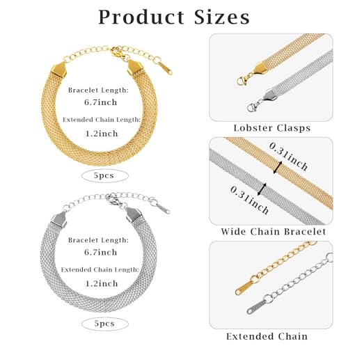 KYUNHOO 6.7 Inches Stainless Steel Charm Bracelet Chains Bulk with Extender | 10pcs Gold and Silver Bracelets Set 8MM Wide Chain Bracelet for Crafts Jewelry Making Supplies - color: mesh