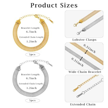 KYUNHOO 6.7 Inches Stainless Steel Charm Bracelet Chains Bulk with Extender | 10pcs Gold and Silver Bracelets Set 8MM Wide Chain Bracelet for Crafts Jewelry Making Supplies - color: mesh