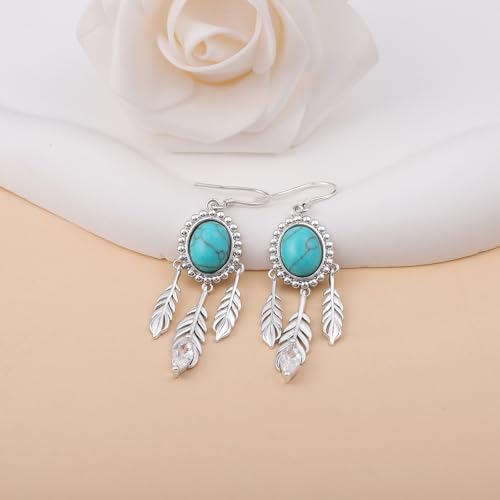 Turquoise Feather Earrings for Women - Silver Western Turquoise Earrings | Boho Feather Hook Earring Western Jewelry Gifts for Birthday