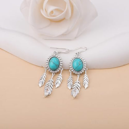 Turquoise Feather Earrings for Women - Silver Western Turquoise Earrings | Boho Feather Hook Earring Western Jewelry Gifts for Birthday