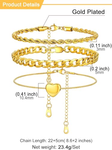 U7 2Pcs/3Pcs Ankle Bracelets for Women, Stainless Steel Cuban Link/Figaro/Rope/Heart Chain Anklets Sets,Waterproof Layered Anklets Adjustable 8.5"-10.5" - color: 04. 3Pcs Style B-Gold