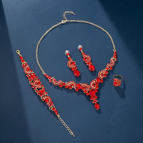 Paxuan Crystal Bridal Wedding Jewelry Sets for Women Rhinestone Teardrop Crystal Statement Choker Necklace Drop Earrings Link Bracelets Rings Teardrop Jewelry Set for Brides Bridesmaids - color: Necklace+Earrings+Bracelet+Ring（Red）New