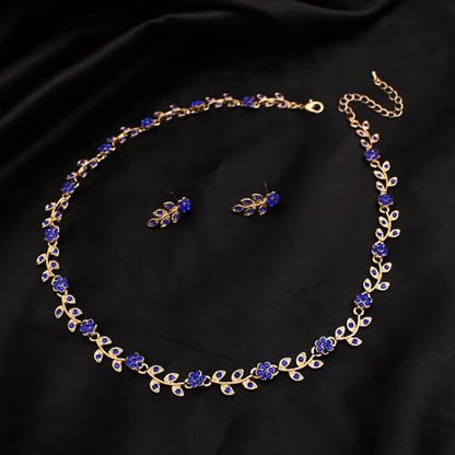 Austrian Crystal Rhinestone Choker Necklace Dangle Earring Link Bracelet Jewelry Set for Brides Bridesmaid Prom Costume Accessories for Women - color: Deep Blue-Gold Plated