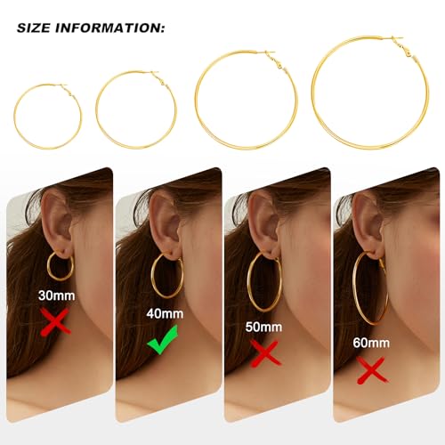 4 Pairs Silver Gold Hoop Earrings for Women | 14K Gold Plated Hoop Earrings Set Hypoallergenic Earring Lightweight Dangle Earrings Set - color: 1 Pair Gold-40mm