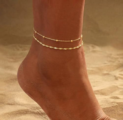 Gold Ankle Bracelets for women,14k Gold/Silver Plated Waterproof Layered lightweight Bow Beaded Twisted Chain Cross Butterfly Satellite Ankle Bracelets Set Gold Anklets for women Trendy Summer Beach Jewelry Gift for Women - style: 2 anklets twisted satell