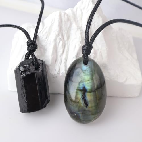 FANASY Natural Raw Crystal Necklace for Women Irregular Stone Necklaces Spiritual Gemstone Pendant with Adjustable Rope - color: X-Labradorite+Black Tourmaline