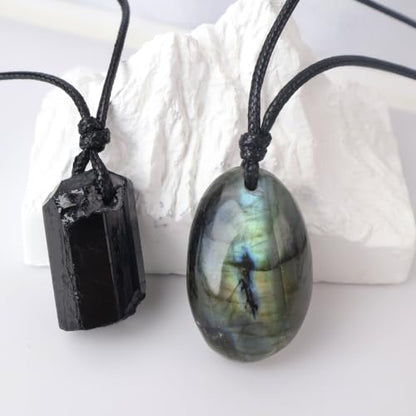 FANASY Natural Raw Crystal Necklace for Women Irregular Stone Necklaces Spiritual Gemstone Pendant with Adjustable Rope - color: X-Labradorite+Black Tourmaline