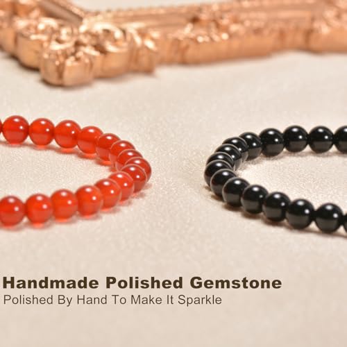 2PCS Agate Bracelet for Women Men Natural Round Beaded Agates Stone Healing Stretch Bracelets Elastic Handmade Polished Gemstone Beads Bracelet - color: Black+Red, size: 6mm Beads