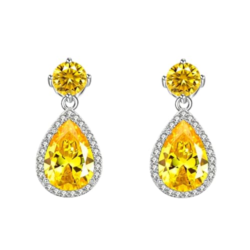 Drop Dangle Earrings Teardrop Gemstone Waterdrop White Gold Plated Crystal Hanging Cubic Zirconia Ruby Sapphire Emerald Jewelry Gift for Women Mother Wife - color: Yellow