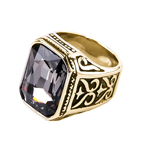 PAURO Promise Rings with Big Stone | Men's Stainless Steel, Vintage Wedding Promise Ring with Big Stone - color: Gold Black Grey