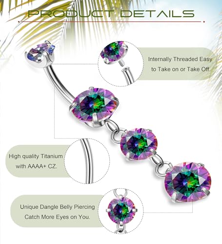 G23 Titanium Dangle Belly Button Rings for Women Dangling Navel Rings CZ Belly Rings Curved Barbell Internally Threaded Belly Piercing Jewelry - color: Rainbow