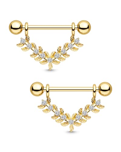 Nipple Shield Ring 316L Stainless Steel Nipple Piercing Jewelry 14G Flower Nipple Barbell for Women and Men - color: Gold