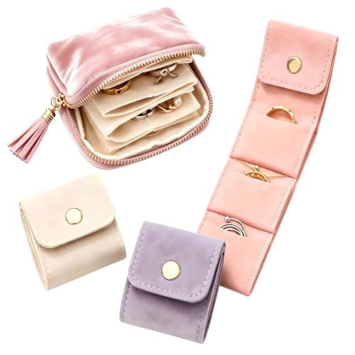 Jewelry Zippered Pocket Case Set with 3 Mini Foldable Jewelry Rolls (Pink) | 4Pcs Jewelry Organizer Set Keeps Rings Earrings Necklaces Cards And Small Essentials Sorted For Travel - color: Pink
