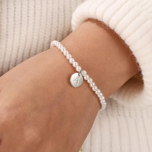 Pearl Initial Bracelet for Women | Gifts for Kids Teen Girls, Dainty Letter Pearl Bracelets for Women, Bridesmaid Proposal Wedding Bride Bridal Shower Gift - color: G-Silver