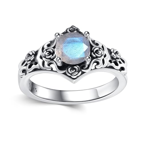 Vintage Style 1 Carat Round Cut Birthstone Ring 925 Sterling Silver Stone with Oxidized Rose Filigree Anniversary Engagement Ring for Women Gifts Size 5-12 - color: Labradorite