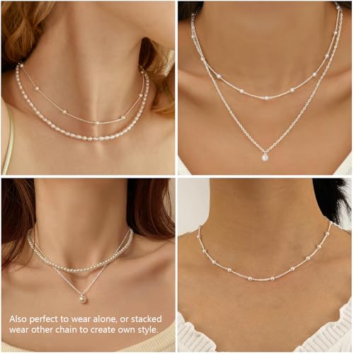 DIBOLA Gold Jewelry Set for Women, Dainty Layered 14K Gold/Silver Pearl Choker Necklaces and Earring Set Pearl Earrings Bracelets Wedding Bride Jewelry - color: 3 layered-silver
