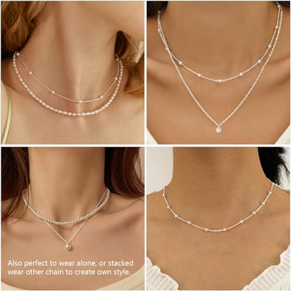 DIBOLA Gold Jewelry Set for Women, Dainty Layered 14K Gold/Silver Pearl Choker Necklaces and Earring Set Pearl Earrings Bracelets Wedding Bride Jewelry - color: 3 layered-silver