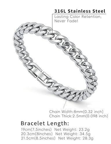 Stainless Steel Mens Cuban Link Chain, Miami Cuban Chain Bracelets for Men, 8mm Wide 7.5 8 8.5 9Inch Hip Hop Mens Bracelets,Gift for Father Husband Son men chain - style: Stainless Steel 9 inch