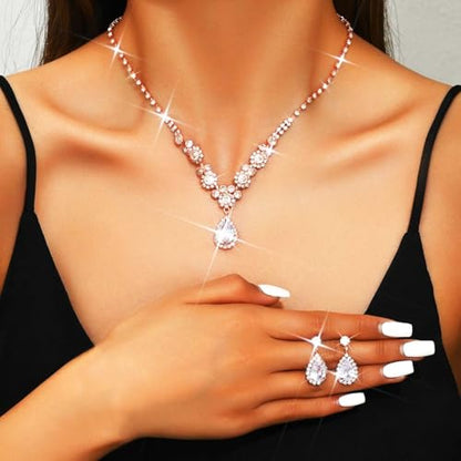 Unicra Bride Silver Bridal Necklace Earrings Set Crystal Bridal Wedding Jewelry Set Rhinestone Choker Necklace for Women and Brides - color: Rose Gold