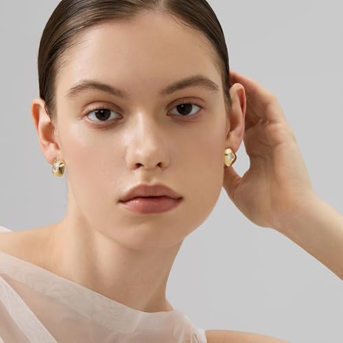 18K Gold Plated Huggie Hoop Earrings for Women, 925 Sterling Silver Post, Hypoallergenic Small Earrings - color: Square Ribbed Crystal Stud Earrings