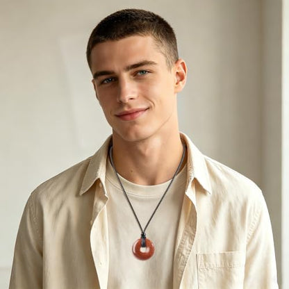 Anjiucc Natural Gemstone Pendant Necklce Lucky Coin Crystal Necklace Donut Pendnat with Adjustable Rope Healing Crystal for Men - color: Golden Sandstone