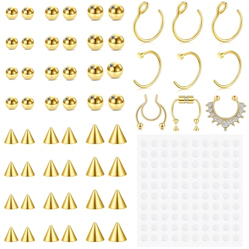 Fake Eyebrow Ring Fake Lip Labret Studs Replacement Balls Spike with 100pcs Sticker Non-Piercing Body Jewelry Fake Skin Piercing - color: A1 -Gold
