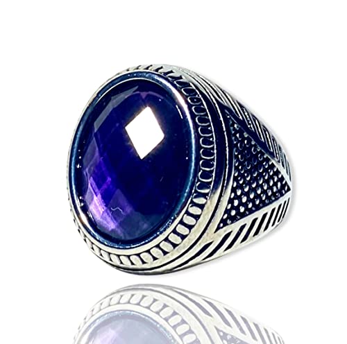 Men's Round Oval Turkish Engraved Silver Retro Vintage Stainless Steel Turquoise Onyx Women's Sapphire Lapiz Lazuli Blue Purple Stone Biker Carved Signet Punk Ring Stone Silver Ring, Anillos De Hombre