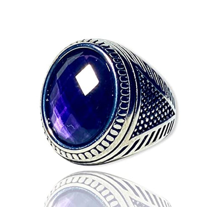 Men's Round Oval Turkish Engraved Silver Retro Vintage Stainless Steel Turquoise Onyx Women's Sapphire Lapiz Lazuli Blue Purple Stone Biker Carved Signet Punk Ring Stone Silver Ring, Anillos De Hombre