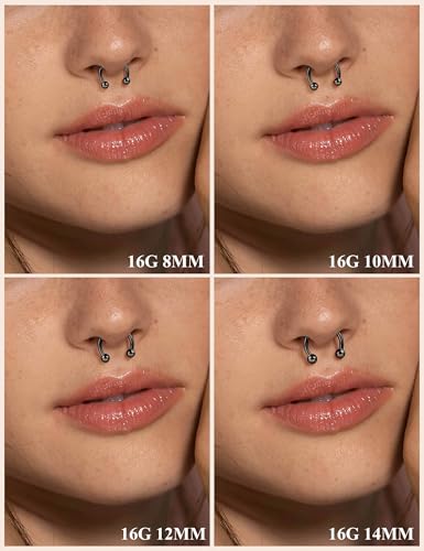 MILACOLATO 2Pcs Implant Grade Titanium Septum Rings for Women Men 16G | G23 Solid Titanium Internally Threaded Horseshoe Circular Barbell Piercing Jewelry for Nose Lip Tragus Eyebrow Helix Daith - color: 2pcs-black&steel-16g/8mm