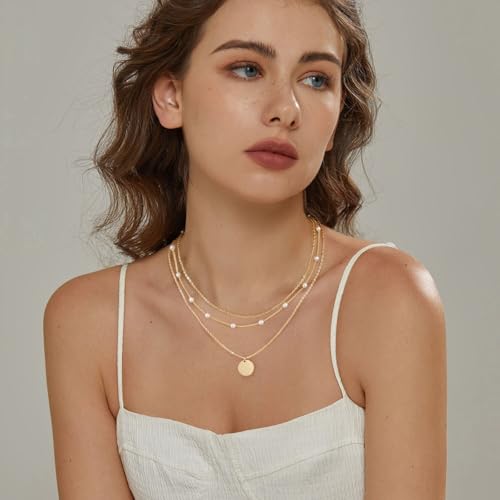 MFRYK Gold/Silver Necklaces Stack For Women,14K Gold/Sterling Silver Plated Simple Layered Choker Necklaces For Women,Stackable Multilayer Pearl Cross Disc Circle Pendant Cuban Herringbone Snake Paperclip Chain Necklaces Set Jewelry Gift for Women - style
