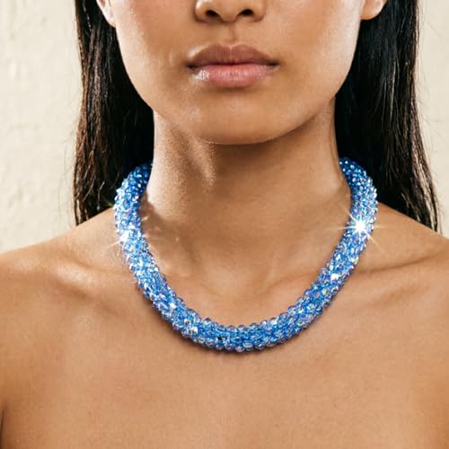 Hand Knotted Beads Statement Necklace Bracelet Jewelry Set Artificial Crystal Choker for Women- Handmade Beaded Strand Sparkly Faceted Crystal Rondelle-17inches, 30 Colors - color: Blue AB Set