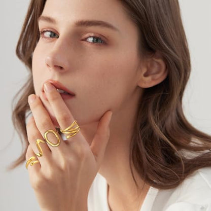 12PCS Gold Chunky Rings for Women Non Tarnish 18K Gold Plated Thick Round Adjustable Stackable Rings Open Stacking Knuckle Statement Ring Set Gifts