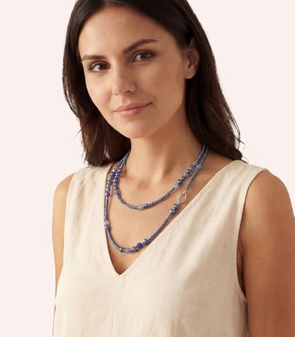 Long Beaded Necklaces for Women Pearl Stone Bead Strand - Layered Sweater Chain Elegant Mother's Day Jewelry Gifts - color: Blue