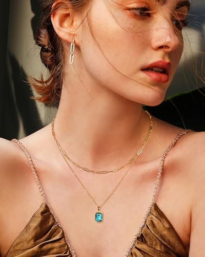 Gold Layered Necklaces for Women, 18k Gold Plated Crystal Necklace Paperclip Choker Emerald Green Jewelry for Women Gifts - color: Sea Blue