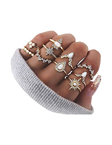 HUASAI Boho Stackable Rings Set for Women Dainty Moon Star Turquoise Mountain Eye Midi Knuckle Pinky Trendy Vintage Jewelry Gifts - color: M 10 Pcs