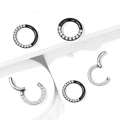 MissNity 20G, 18G, 16G, 14G Hinged Nose Rings Hoop with Gem in 316L Surgical Steel, Septum Clicker Cartilage Earrings Conch Daith Helix Rook Ear Lobe Piercing Jewelry, Diameter 6mm to 12mm - color: 98: Black - Clear CZ