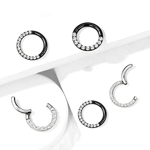 MissNity 20G, 18G, 16G, 14G Hinged Nose Rings Hoop with Gem in 316L Surgical Steel, Septum Clicker Cartilage Earrings Conch Daith Helix Rook Ear Lobe Piercing Jewelry, Diameter 6mm to 12mm - color: 98: Black - Clear CZ