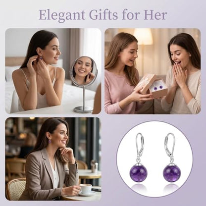 Pearl Leverback Earrings for Women Dangle Round Gemstone Earrings Birthstone Jewelry Gift Anniversary for Her - color: 23 Amethyst
