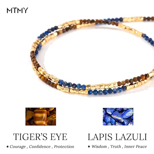 MTMY Beaded Gemstone Choker Necklace for Women | 14K Gold Plated, Colorful Natural Stone, Bead Chain, Boho Summer Beach, Handmade Jewelry - color: Lapis Lazuli & Tiger's Eye