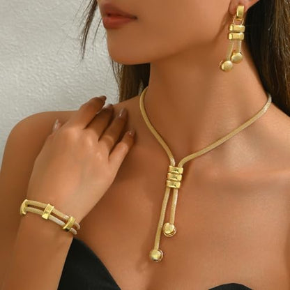 Gold Long Choker Necklace Set 18k Gold Plated Pendant Earrings Necklace Bracelet Set Simple Fashion Chain Jewelry Set For Women - style: 3 pieces