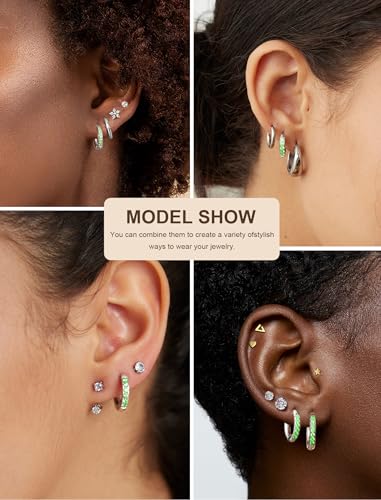 5 Pairs Huggie Hoop Earrings, Cubic Zirconia 14K Gold-Plated 316L Surgical Steel, Hypoallergenic Lightweight Design for Women & Men Cartilage & Multi-Piercing Stacking(13-21mm) - color: I+silvery+green