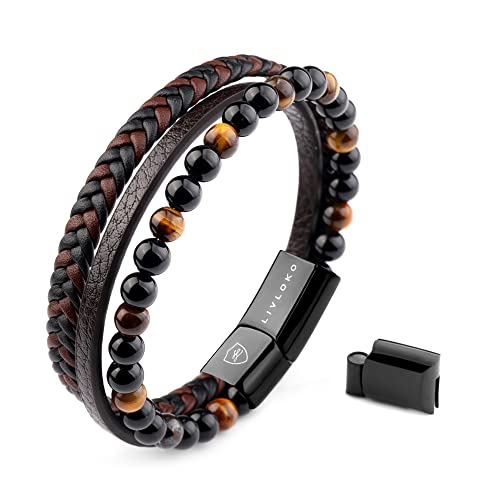 LONDON Mens Bracelet Leather Black Multi-Layer Stone Beads Adjustable Steel Clasp Viking Rope Bands Surfer Man Wristband Male UK Jewellery Gift box Boyfriend Dad Son Brother Tiger Eye - color: B. 19-22cm Black Brown Tiger-Eye Adjustable, size: Large to Ex