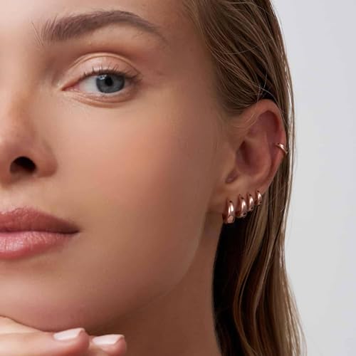 Small Chunky Hoop Earrings for Women, 14K Plated Huggie Stack | Chunky Hoop Stud Earrings Stackable, Lightweight Huggie Cartilage Ear for Multiple Piercing Jewelry Gift for Daily Wear - style: 5 Pairs-Rose Gold