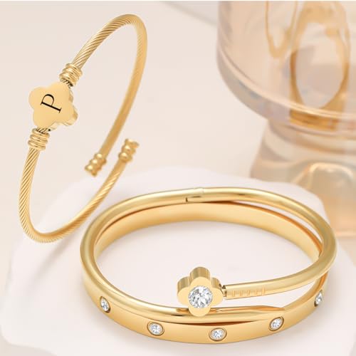 14K Gold Plated Personalized Flower Bracelet Set with Initial Charm Trendy Stackable Jewelry for Women - style: style1 P