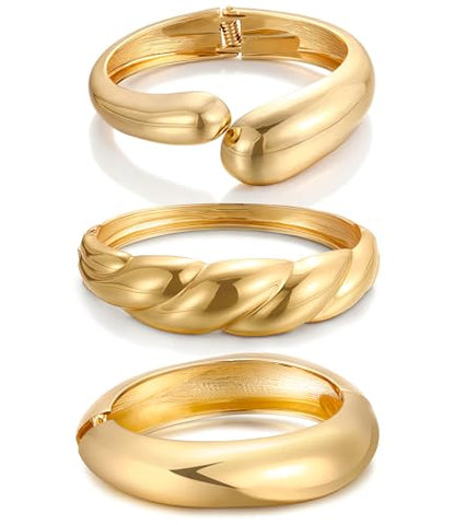 Chunky Gold Bangle Bracelets for Women, Dainty 14k Gold Plated Big Stackable Bangles Set, Trendy Statement Cuff Bracelet Stack Fashion Jewelry Gifts - style: A4-gold